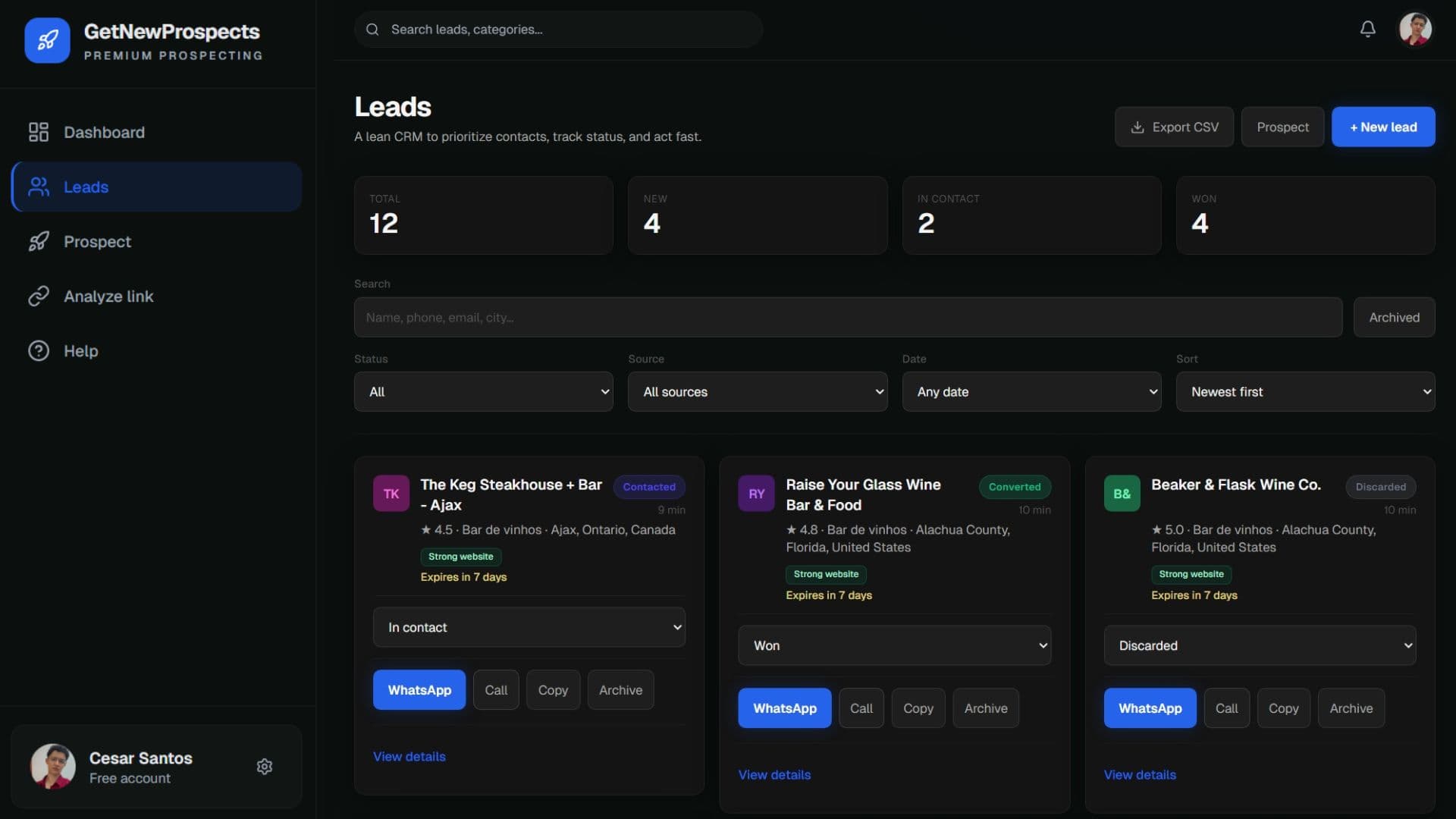 GetNewProspects dashboard showing a structured list of local business leads